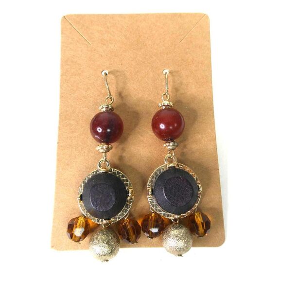 Gold Tone Beaded Dangle Fishhook Pierced Earrings Boho Festival Brown Amber - Picture 1 of 7